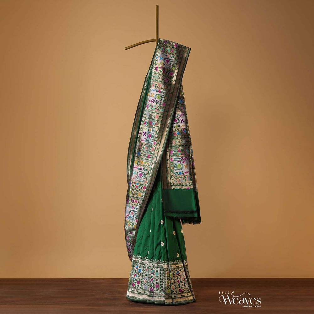 Bottle Green Woven Saree In Pure Katan Silk With Paithani Border Pallu And Unstitched Blouse
