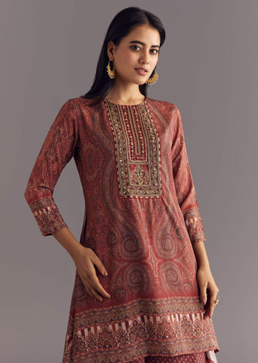 Brick Orange Satin Paisley Print Kurta Sharara Set With Cutdana Neckline