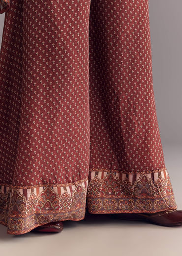 Brick Orange Satin Paisley Print Kurta Sharara Set With Cutdana Neckline