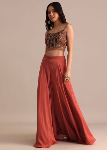 Brick Red Satin Palazzo Suit With Embroidered Cape Jacket