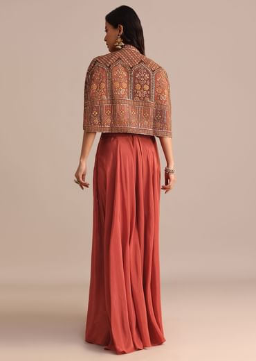 Brick Red Satin Palazzo Suit With Embroidered Cape Jacket