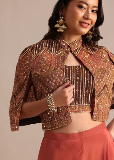 Brick Red Satin Palazzo Suit With Embroidered Cape Jacket