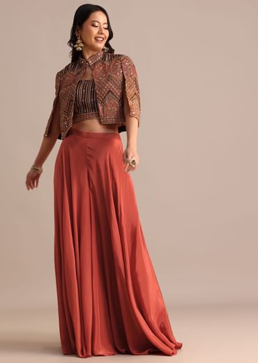 Brick Red Satin Palazzo Suit With Embroidered Cape Jacket