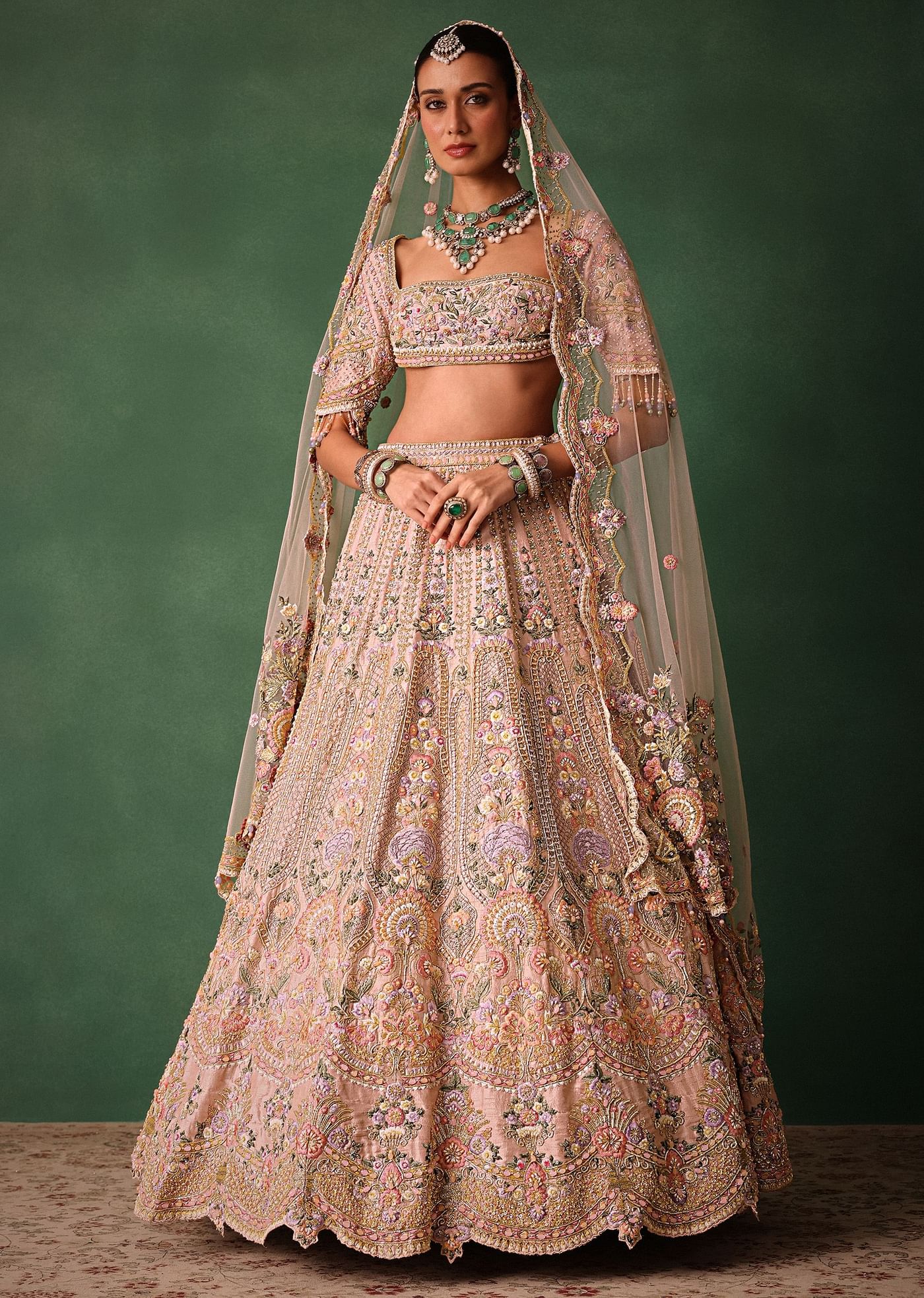 Bridal Pink Lehenga With Floral Embroidered Blouse And Scallop Dupatta