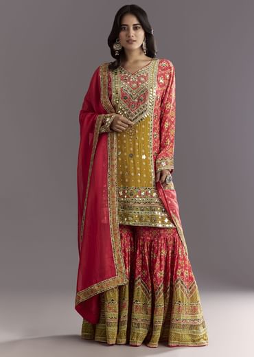 Bright Coral Pink Printed Leather Patch Kurta Sharara With Organza Dupatta