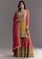 Bright Coral Pink Printed Leather Patch Kurta Sharara With Organza Dupatta