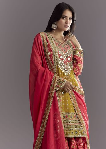 Bright Coral Pink Printed Leather Patch Kurta Sharara With Organza Dupatta