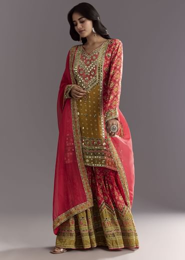 Bright Coral Pink Printed Leather Patch Kurta Sharara With Organza Dupatta
