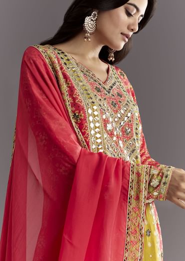 Bright Coral Pink Printed Leather Patch Kurta Sharara With Organza Dupatta