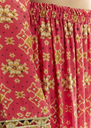 Bright Coral Pink Printed Leather Patch Kurta Sharara With Organza Dupatta
