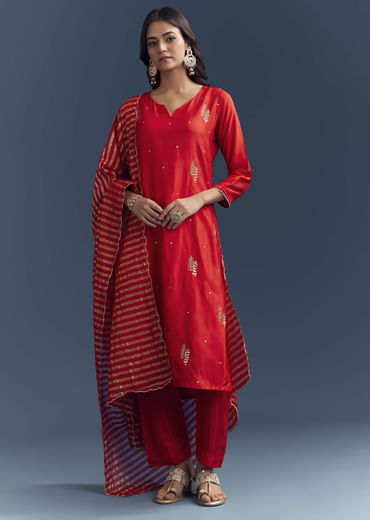 Bright Orange Silk Kurta Set With Zari And Gota Work