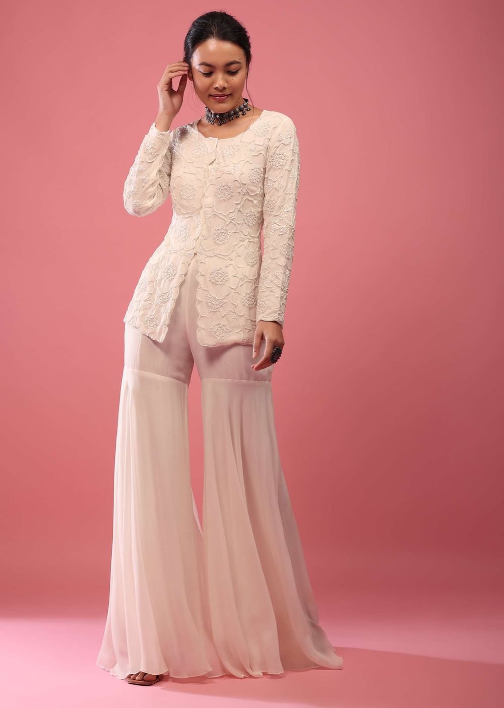 Off-White Sharara Suit In Georgette With Fully Embroidered Top & Flowy Pants