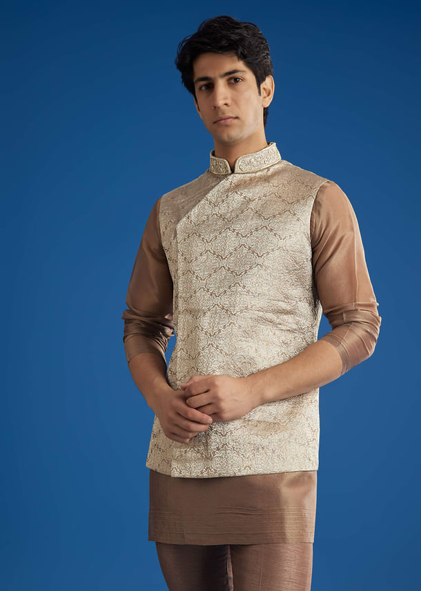 Brown Banarasi Silk Jacket Kurta Set With Cutdana Work Brown Banarasi Silk Jacket Kurta Set With Cutdana Work