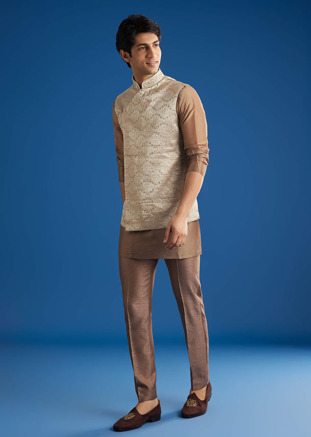 Brown Banarasi Silk Jacket Kurta Set With Cutdana Work Brown Banarasi Silk Jacket Kurta Set With Cutdana Work