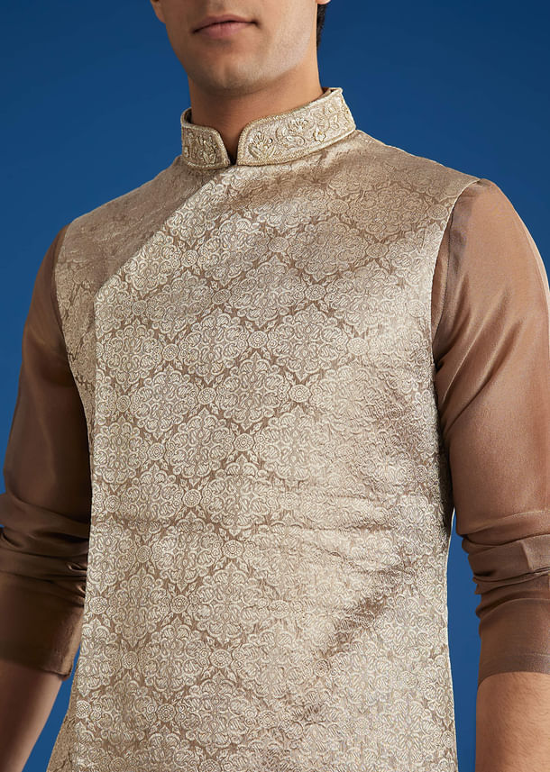 Brown Banarasi Silk Jacket Kurta Set With Cutdana Work Brown Banarasi Silk Jacket Kurta Set With Cutdana Work