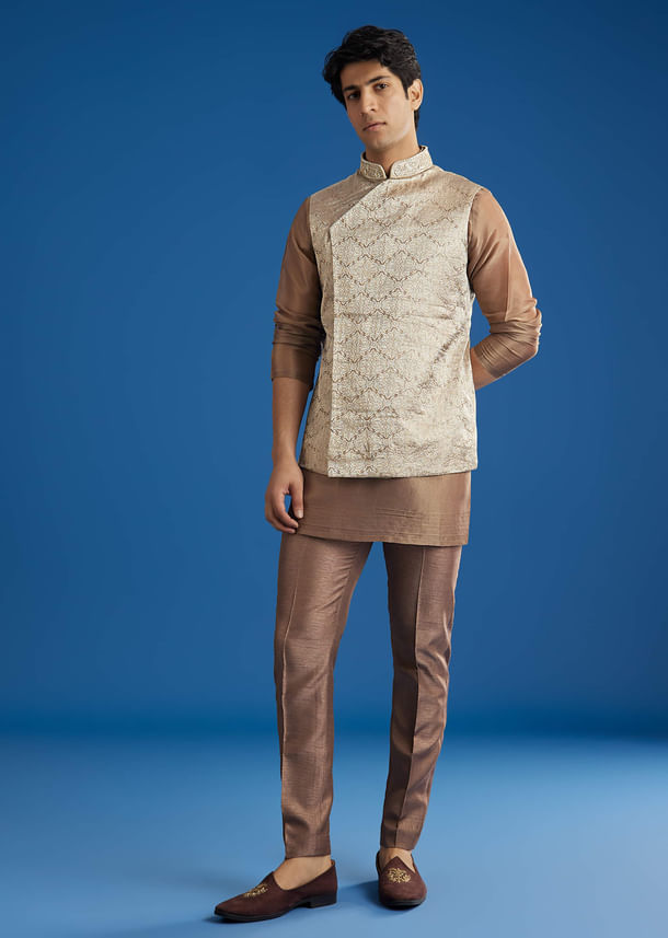 Brown Banarasi Silk Jacket Kurta Set With Cutdana Work Brown Banarasi Silk Jacket Kurta Set With Cutdana Work