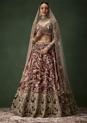 Brown Bridal Cutdana Embellished Silk Lehenga Set with  Two Dupattas
