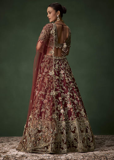 Brown Bridal Cutdana Embellished Silk Lehenga Set with  Two Dupattas