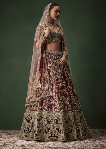 Brown Bridal Cutdana Embellished Silk Lehenga Set with  Two Dupattas