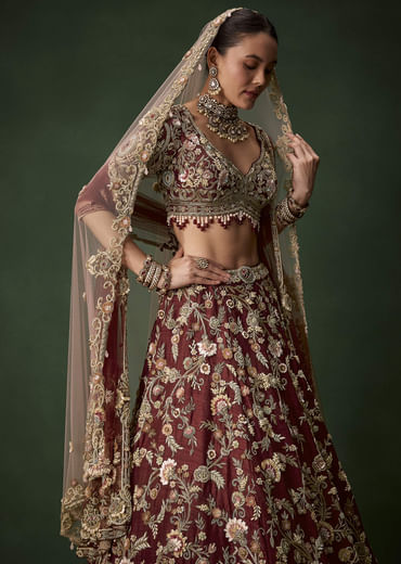 Brown Bridal Cutdana Embellished Silk Lehenga Set with  Two Dupattas