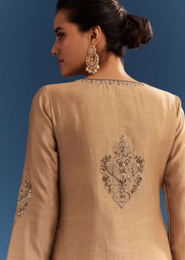 Brown Chanderi Embroidered Kurta Set With Crepe Dhoti And Gotta Detailing