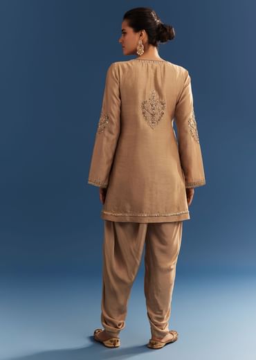 Brown Chanderi Embroidered Kurta Set With Crepe Dhoti And Gotta Detailing