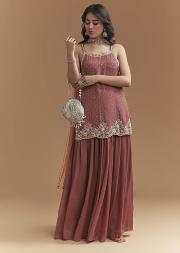 Brown Chinon Palazzo Suit With Sequins Hand Embroidery