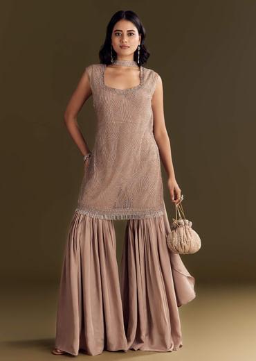 Brown Crepe Kurta Sharara With Choker Style Net Dupatta