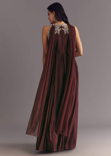 Brown Georgette Jumpsuit With Beads And Cutdana Embroidery