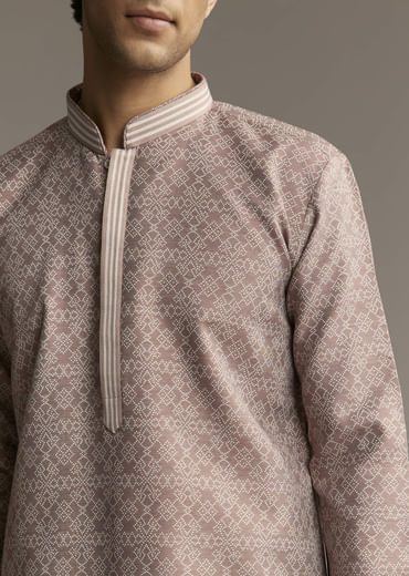 Brown Jacquard Kurta Set For Men