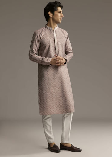 Brown Jacquard Kurta Set For Men