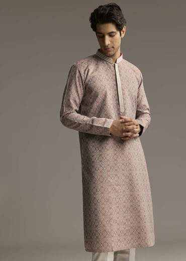 Brown Jacquard Kurta Set For Men