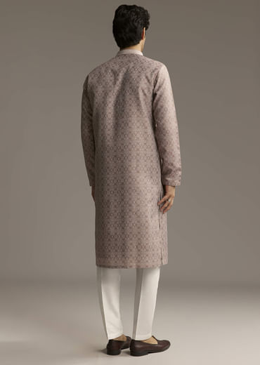 Brown Jacquard Kurta Set For Men