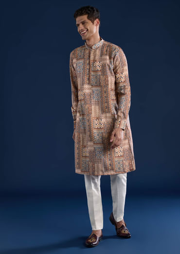 Brown Kantha Work Printed Mens Kurta and Pant Set