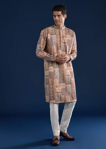 Brown Kantha Work Printed Mens Kurta and Pant Set