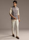 Brown Linen Kurta Jacket Set For Men With Kantha Embroidery