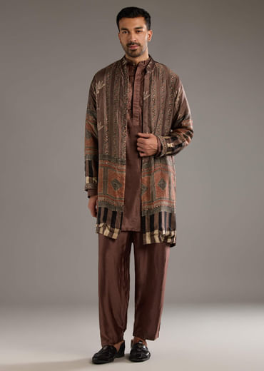 Brown Modal Linen Kurta Jacket Set For Men With Hand Block Ajrakh Print Brown Modal Linen Kurta Jacket Set For Men With Hand Block Ajrakh Print