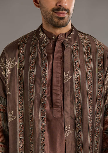 Brown Modal Linen Kurta Jacket Set For Men With Hand Block Ajrakh Print Brown Modal Linen Kurta Jacket Set For Men With Hand Block Ajrakh Print
