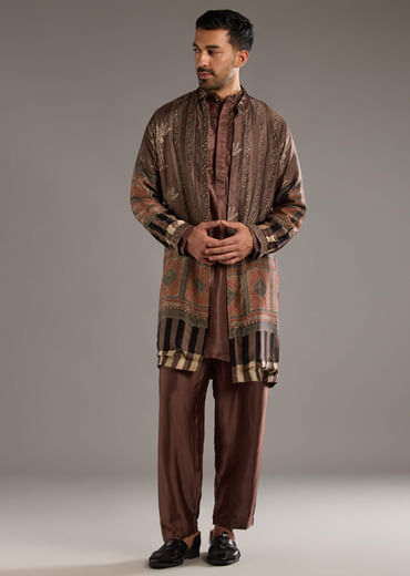 Brown Modal Linen Kurta Jacket Set For Men With Hand Block Ajrakh Print Brown Modal Linen Kurta Jacket Set For Men With Hand Block Ajrakh Print