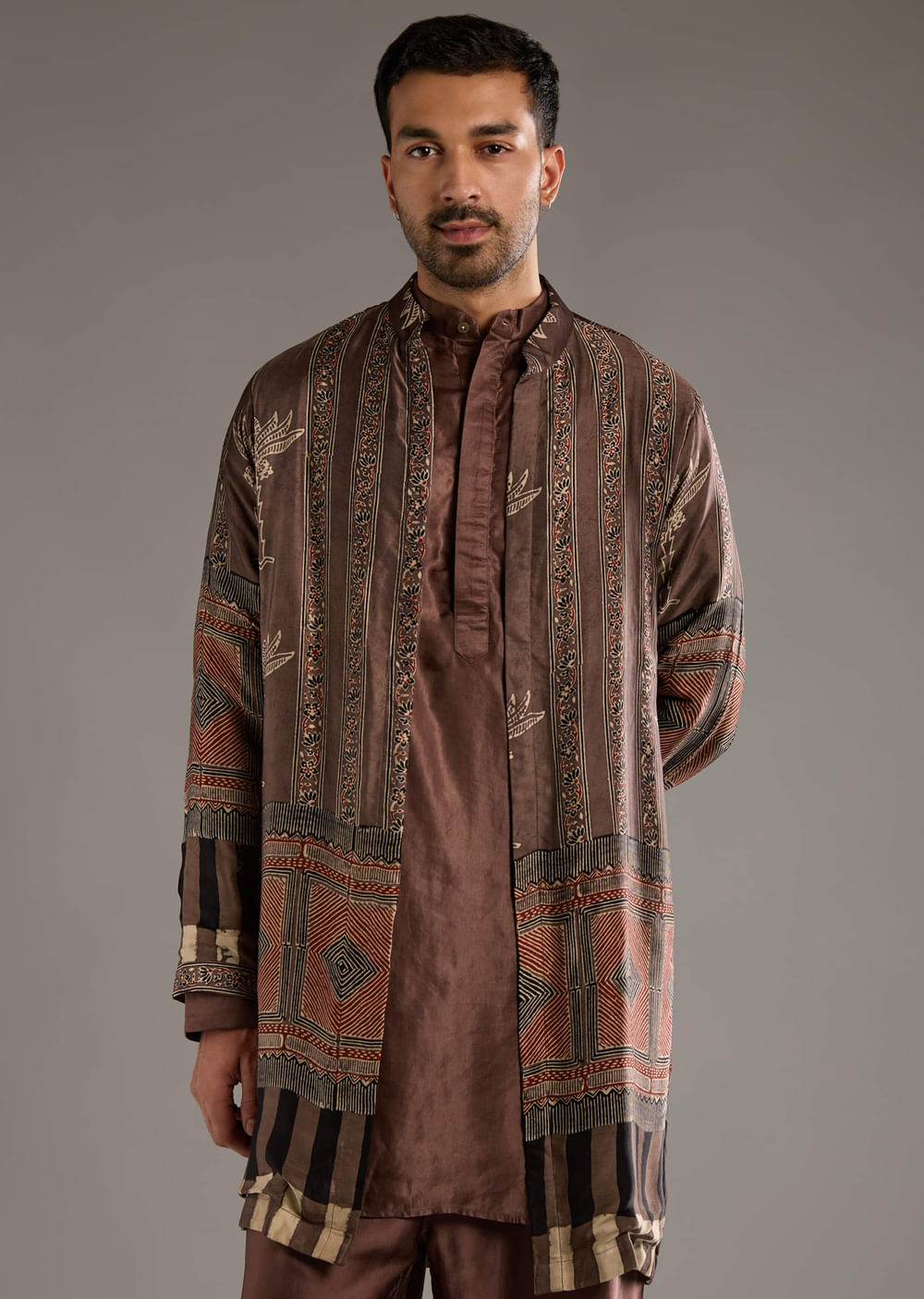 Brown Modal Linen Kurta Jacket Set For Men With Hand Block Ajrakh Print