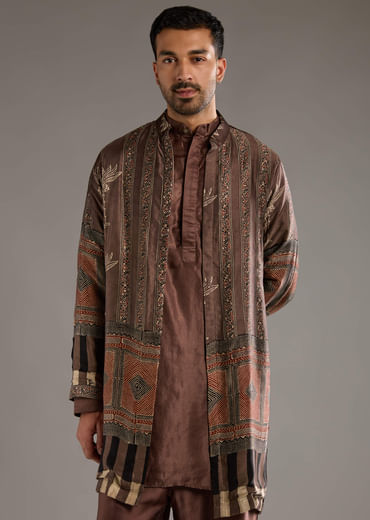 Brown Modal Linen Kurta Jacket Set For Men With Hand Block Ajrakh Print Brown Modal Linen Kurta Jacket Set For Men With Hand Block Ajrakh Print