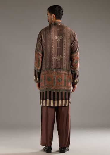 Brown Modal Linen Kurta Jacket Set For Men With Hand Block Ajrakh Print Brown Modal Linen Kurta Jacket Set For Men With Hand Block Ajrakh Print
