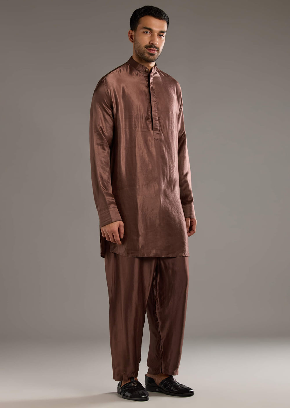 Brown Modal Linen Kurta Jacket Set For Men With Hand Block Ajrakh Print