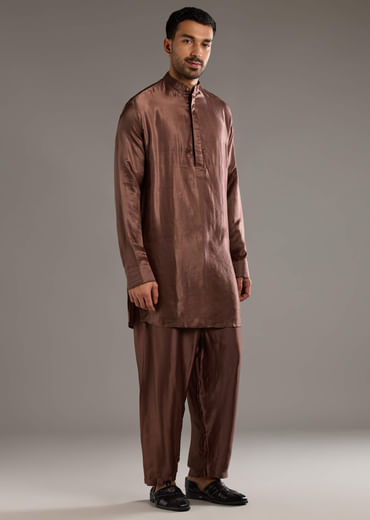 Brown Modal Linen Kurta Jacket Set For Men With Hand Block Ajrakh Print Brown Modal Linen Kurta Jacket Set For Men With Hand Block Ajrakh Print
