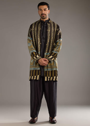 Brown Modal Kurta Jacket Set For Men With Hand Block Ajrakh Print Brown Modal Kurta Jacket Set For Men With Hand Block Ajrakh Print
