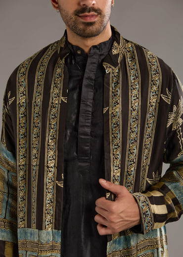 Brown Modal Kurta Jacket Set For Men With Hand Block Ajrakh Print Brown Modal Kurta Jacket Set For Men With Hand Block Ajrakh Print