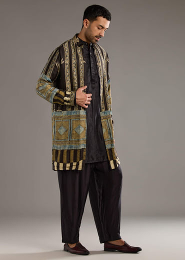 Brown Modal Kurta Jacket Set For Men With Hand Block Ajrakh Print Brown Modal Kurta Jacket Set For Men With Hand Block Ajrakh Print