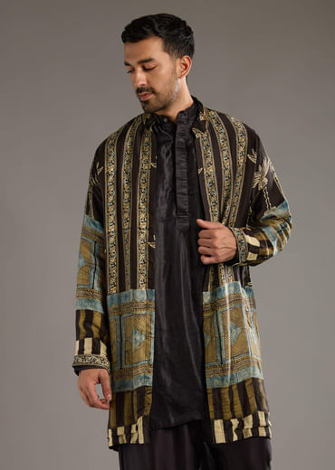 Brown Modal Kurta Jacket Set For Men With Hand Block Ajrakh Print Brown Modal Kurta Jacket Set For Men With Hand Block Ajrakh Print