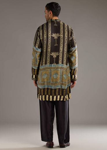 Brown Modal Kurta Jacket Set For Men With Hand Block Ajrakh Print Brown Modal Kurta Jacket Set For Men With Hand Block Ajrakh Print