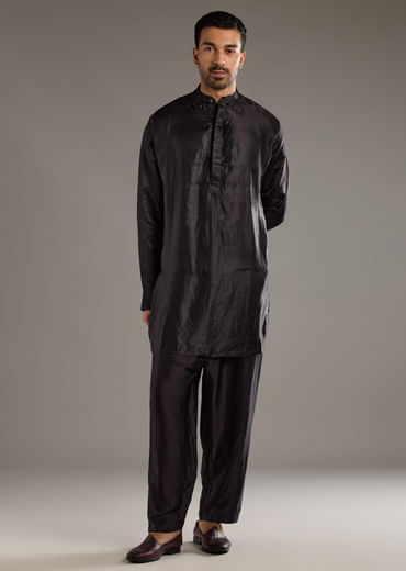 Brown Modal Kurta Jacket Set For Men With Hand Block Ajrakh Print Brown Modal Kurta Jacket Set For Men With Hand Block Ajrakh Print